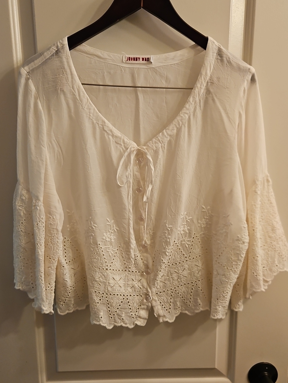 Johnny Was White Eyelet Embroidered Button Front Cropped Blouse, Tie Neck, L - Picture 2 of 11